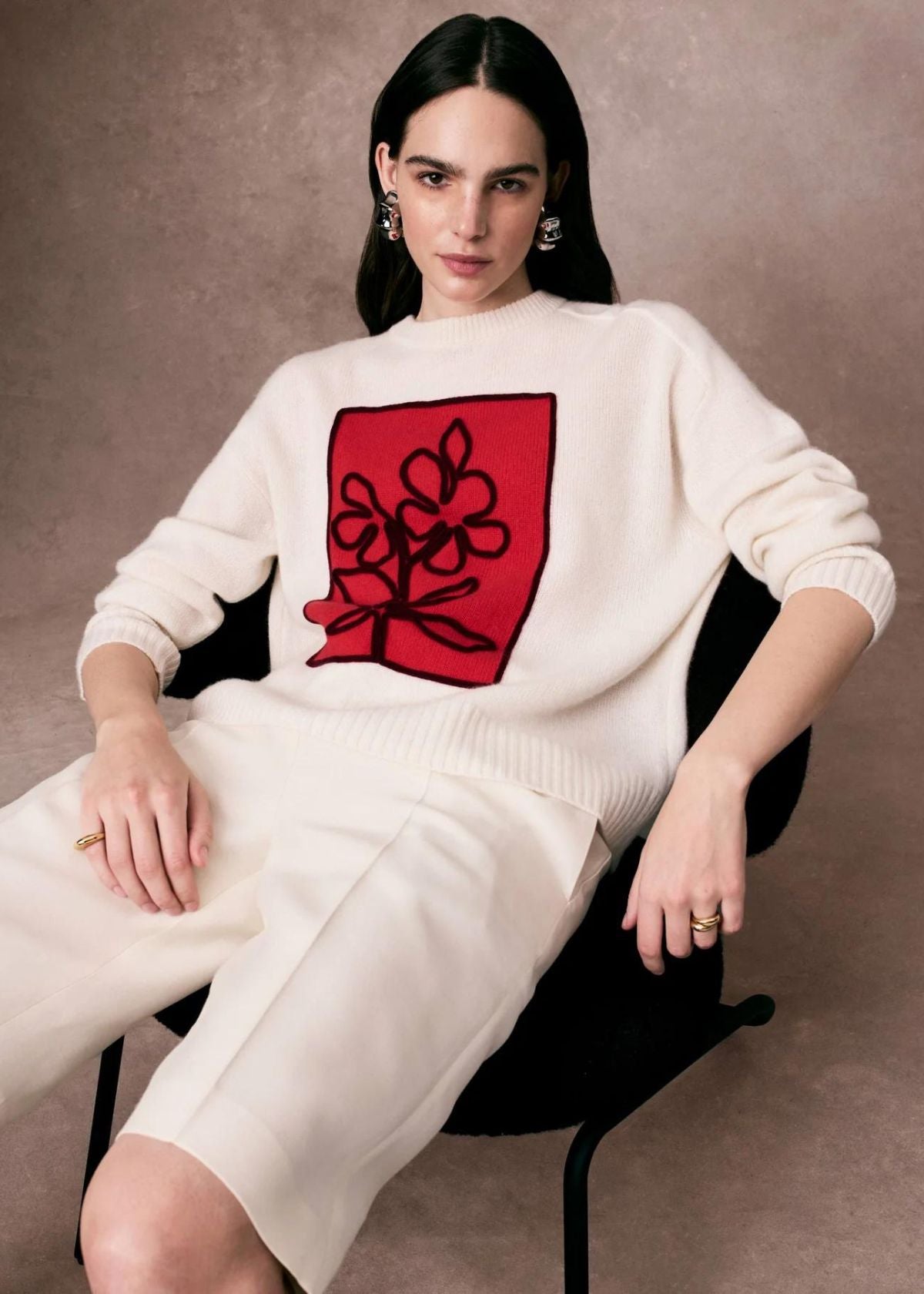 WHITE + WARREN Cashmere Floral Applique Crewneck Sweater