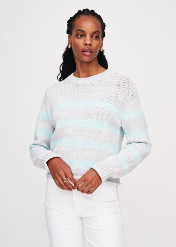 WHITE + WARREN Cotton Rope Striped Sweater - Aqua Combo