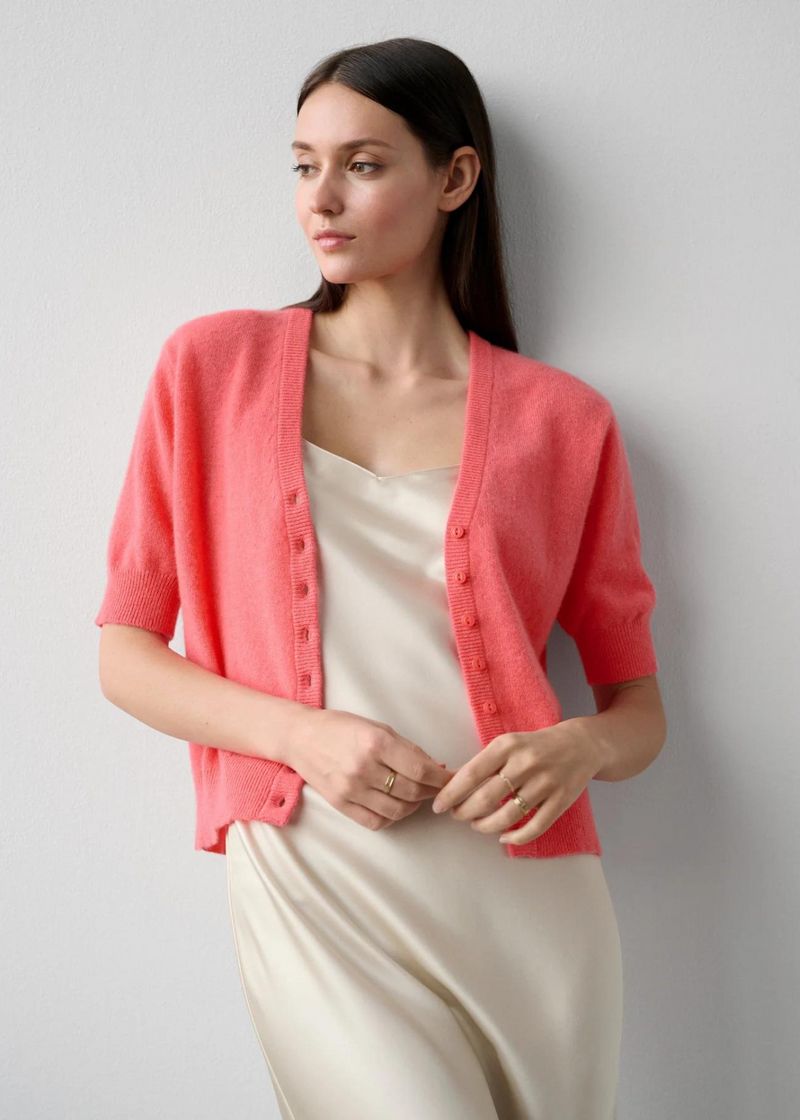 WHITE + WARREN Cashmere Short Sleeve Cardigan - Popsicle Heather