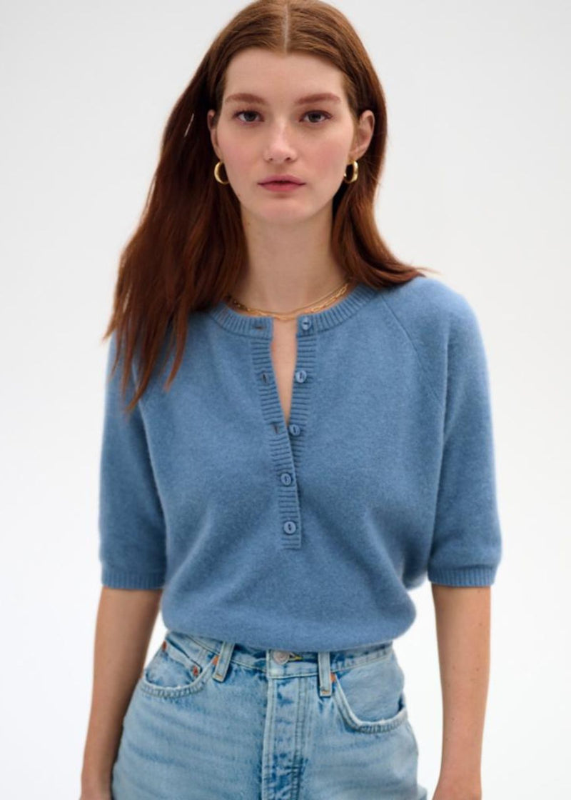 WHITE + WARREN Cashmere Short Sleeve Henley Sweater - Blue Thistle