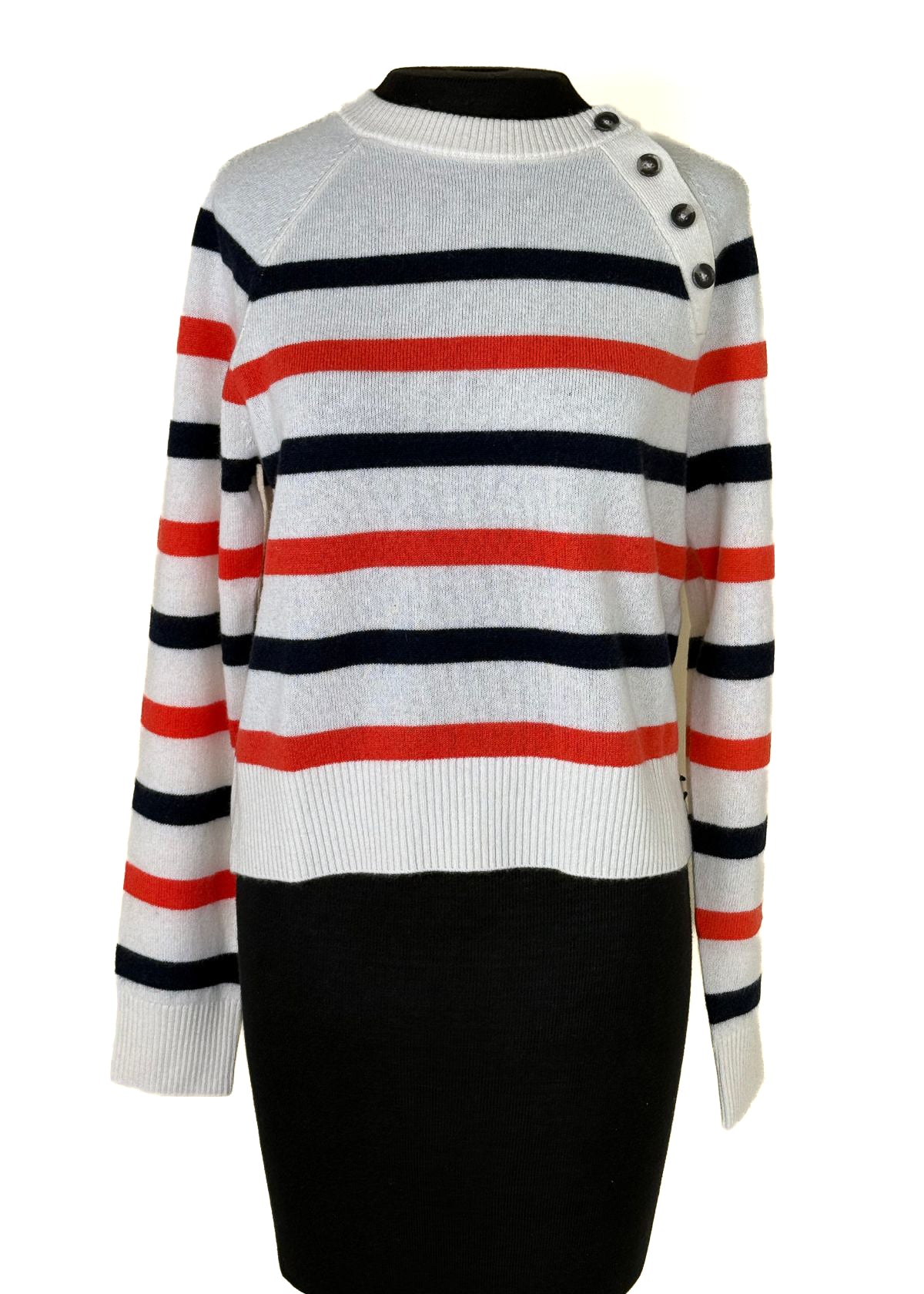 WHITE + WARREN Cashmere Striped Sweater - Soft White/Poppy Red/Deep Navy