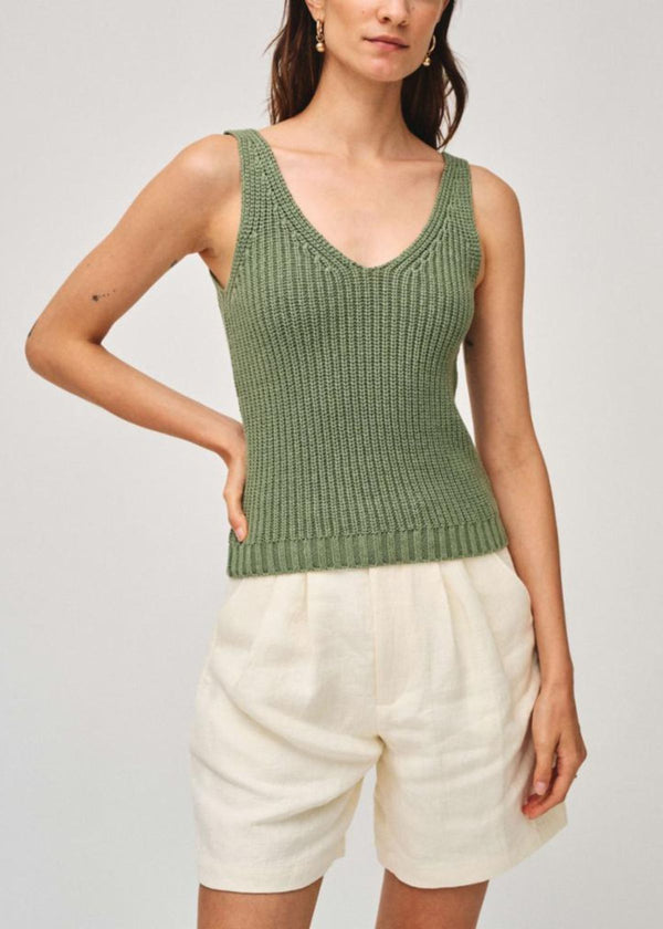 WHITE + WARREN Cotton Linen Ribbed Tank Top - Faded Matcha