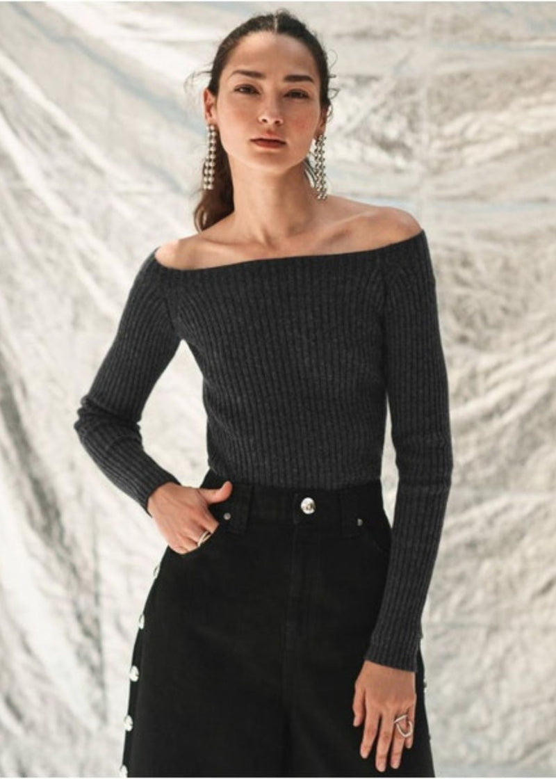 WHITE + WARREN Cashmere Off Shoulder Sweater - Charcoal Heather