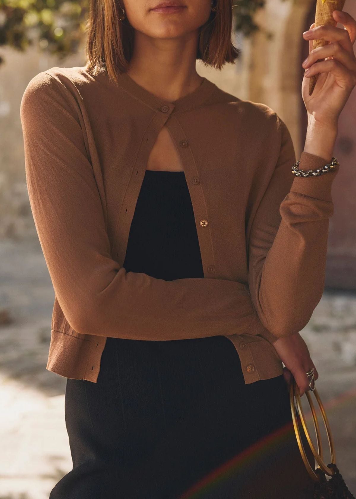 WHITE + WARREN Paperfine Crewneck Cardigan Sweater - Mocha Brown