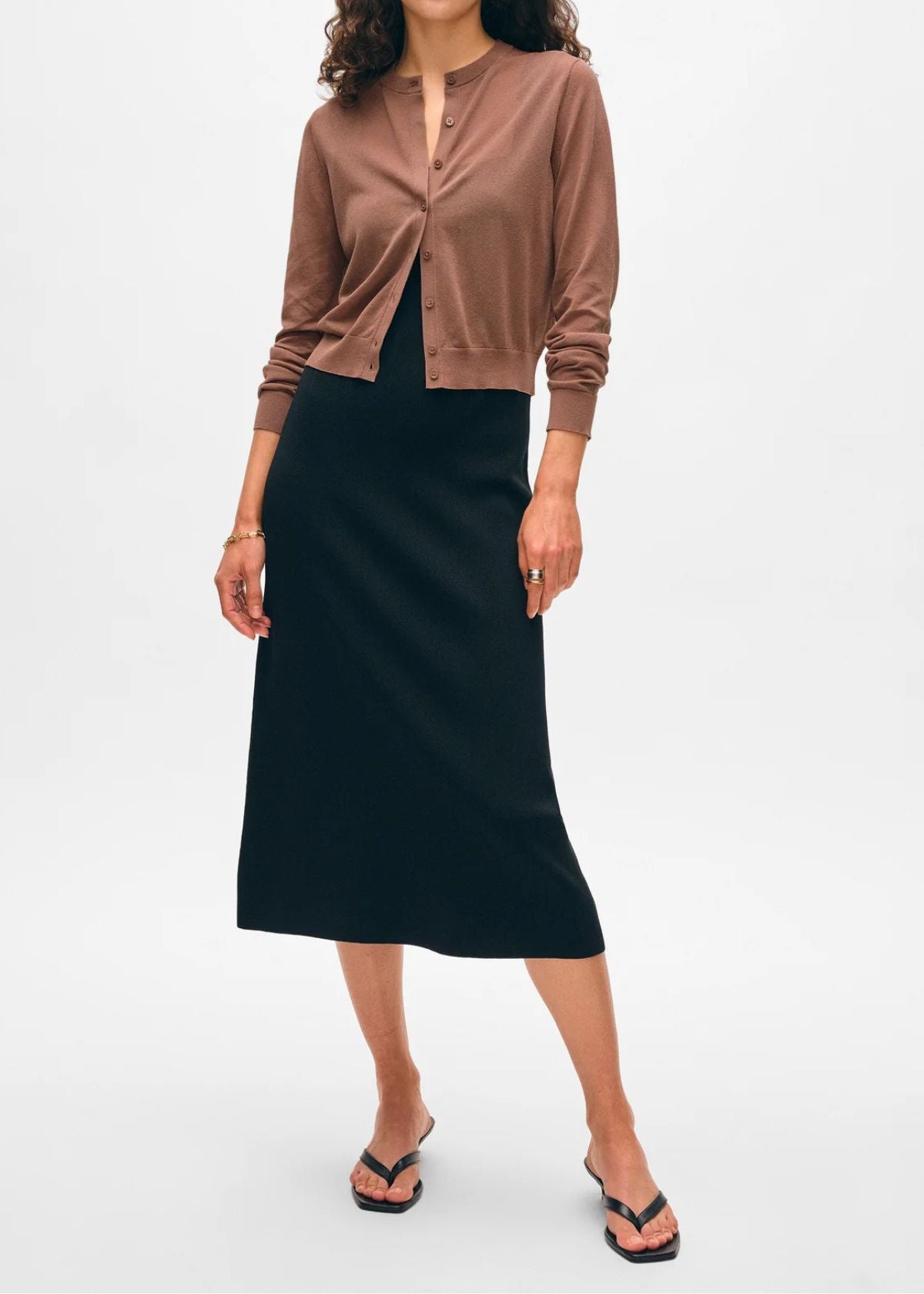 WHITE + WARREN Paperfine Crewneck Cardigan Sweater - Mocha Brown