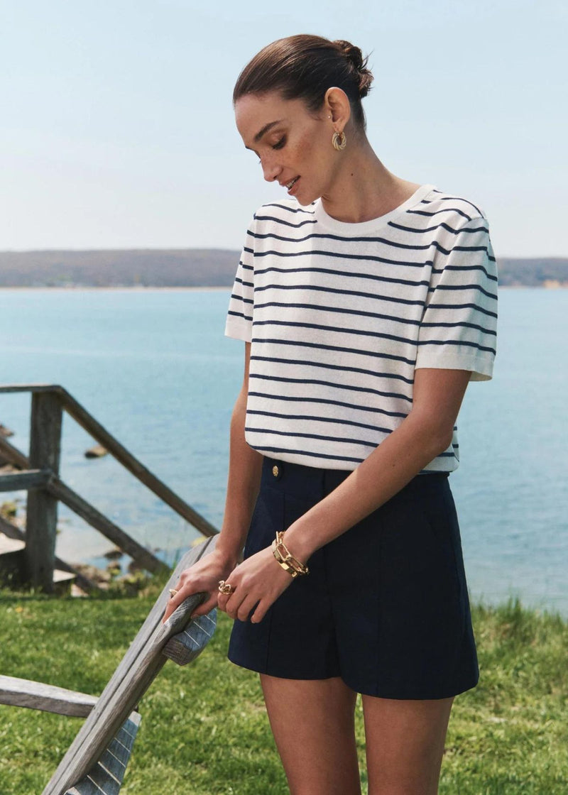WHITE + WARREN Cotton Hemp Gauze Striped Tee