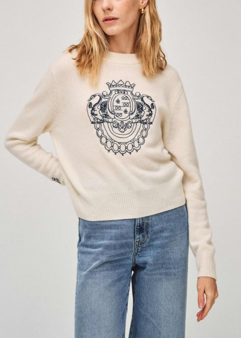 WHITE + WARREN Coat of Arms Embroidered Sweater - Soft White
