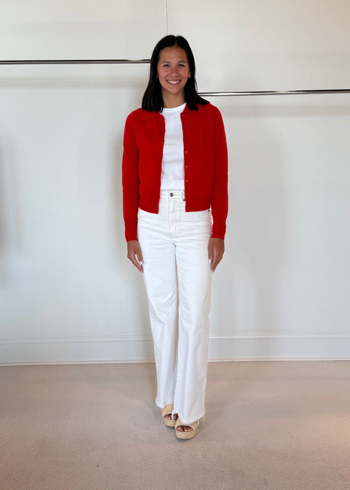 WHITE + WARREN Cashmere Collared Cardigan Sweater - French Red