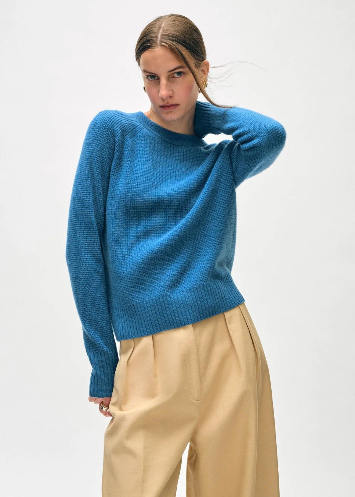 WHITE + WARREN Cashmere Waffle Sweatshirt - Blue Jean