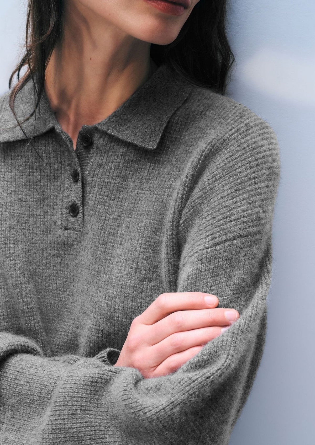 WHITE + WARREN Cashmere Waffle Polo Sweater - Grey Heather