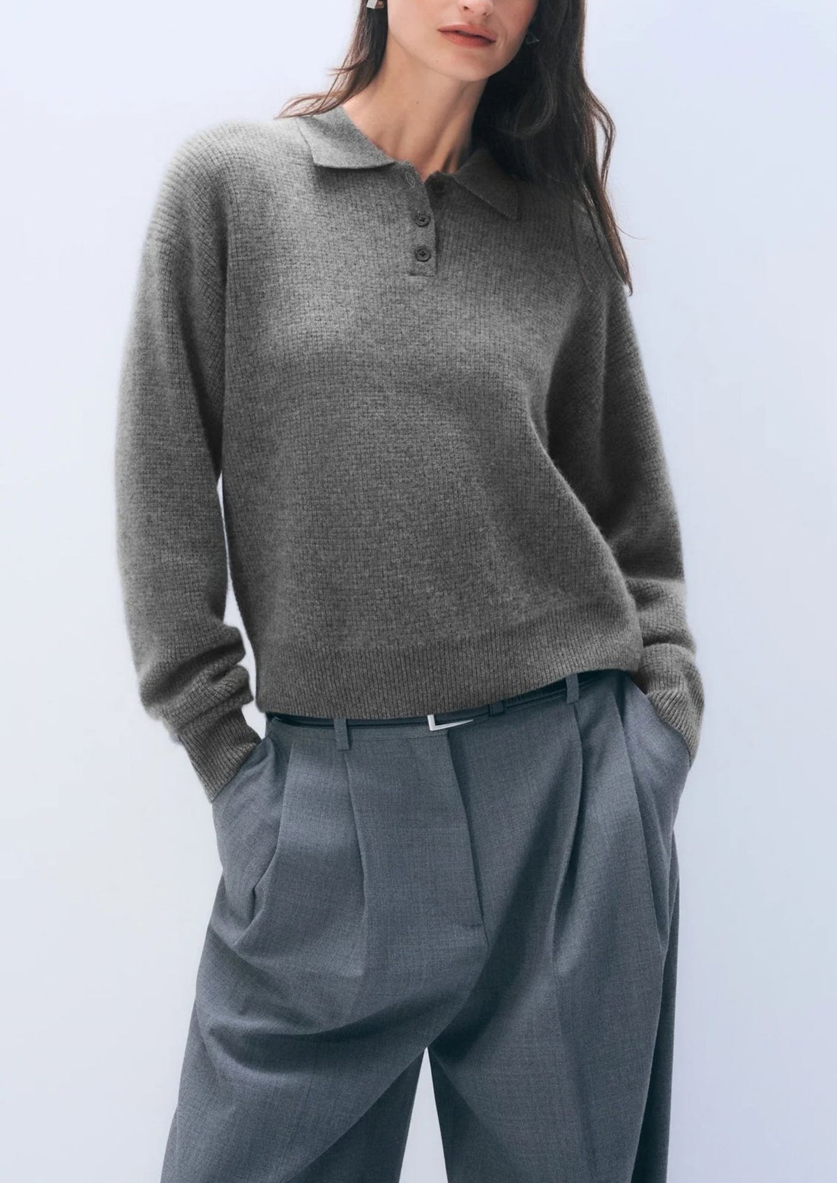 WHITE + WARREN Cashmere Waffle Polo Sweater - Grey Heather