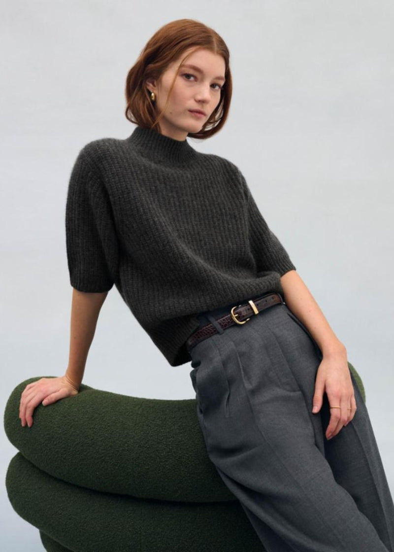 WHITE + WARREN Cashmere Ribbed Mock Neck Sweater - Charcoal Heather