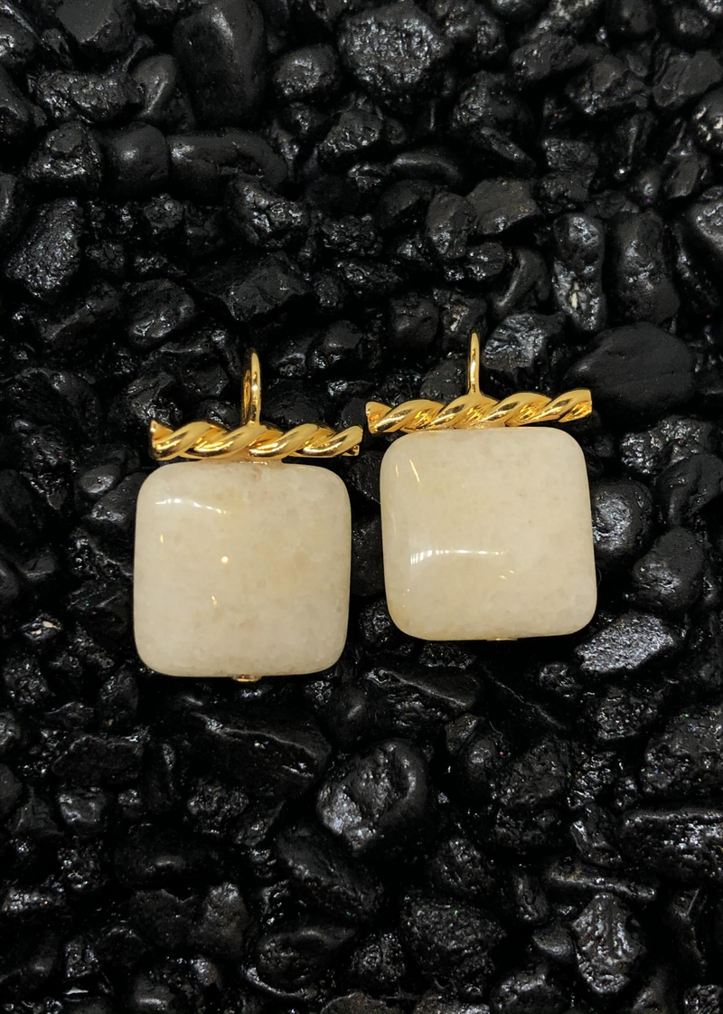Square White Quartz Earrings with Gold Detail.