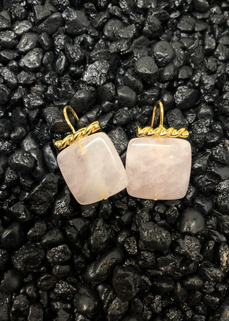 Square Rose Quartz Earrings with Gold Detail