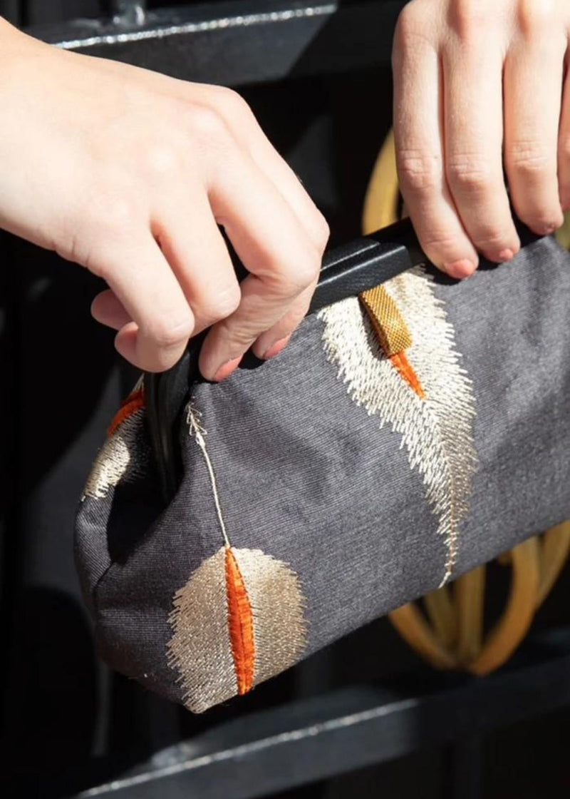 MARIAN PAQUETTE Liette Embroidered Clutch - Black/Taupe/Orange