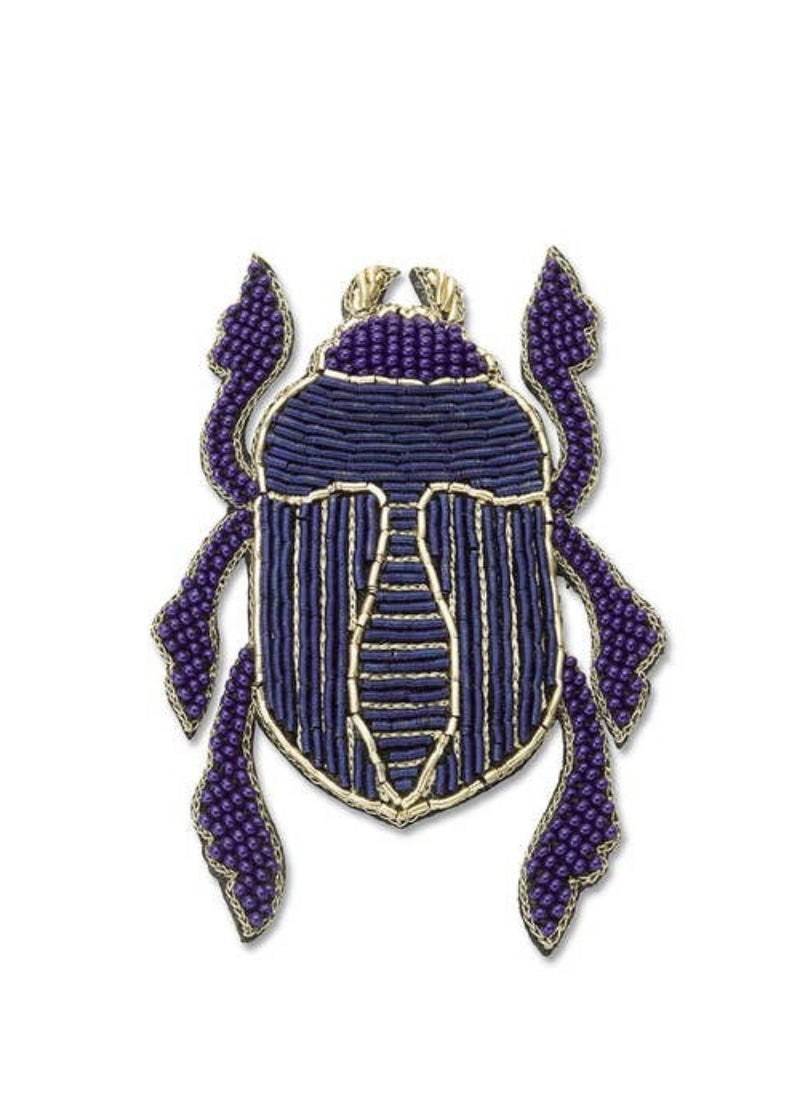 NARRATIVES Blue and Gold Embroidered Scarab Brooch