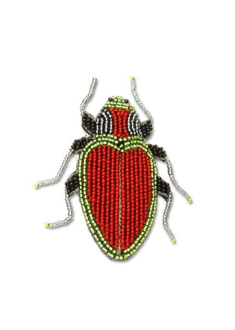 NARRATIVES Red and Gold Heart Embroidered Scarab Brooch