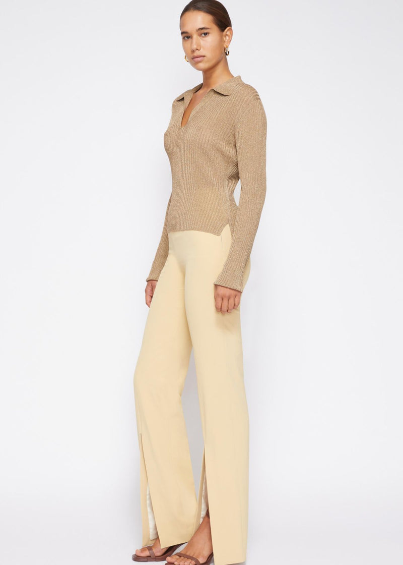 SIMKHAI Tammy Metallic Rib Fitted Polo Sweater - Marigold