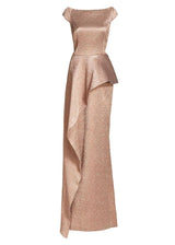 TERI JON Jacquard Side Drape Overlay Gown in Rose Gold