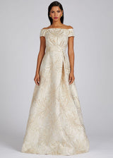 TERI JON Gold Metallic Side Drape A-Line Gown