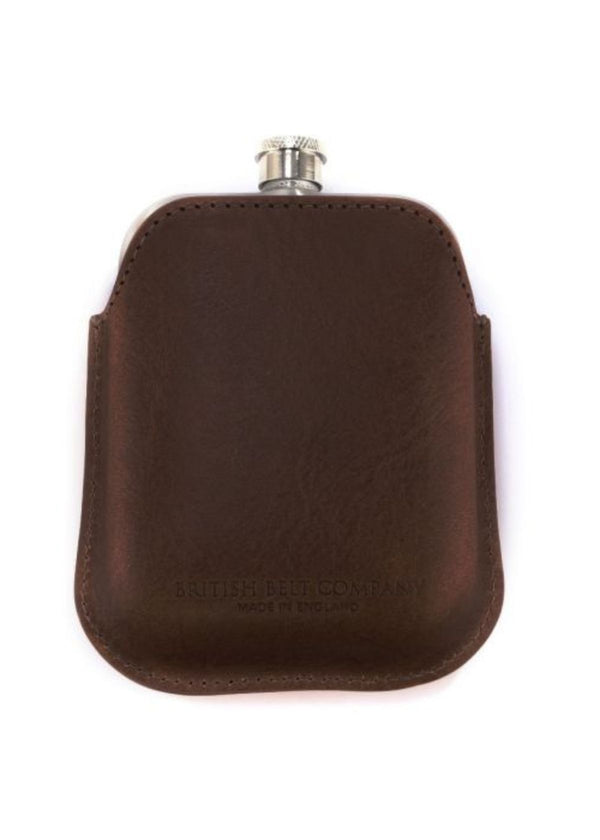BRITISH  BELT COMPANY Steel Hip Flask with Brown Italian Leather Sleeve
