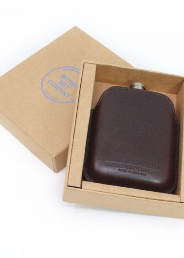 BRITISH  BELT COMPANY Steel Hip Flask with Brown Italian Leather Sleeve