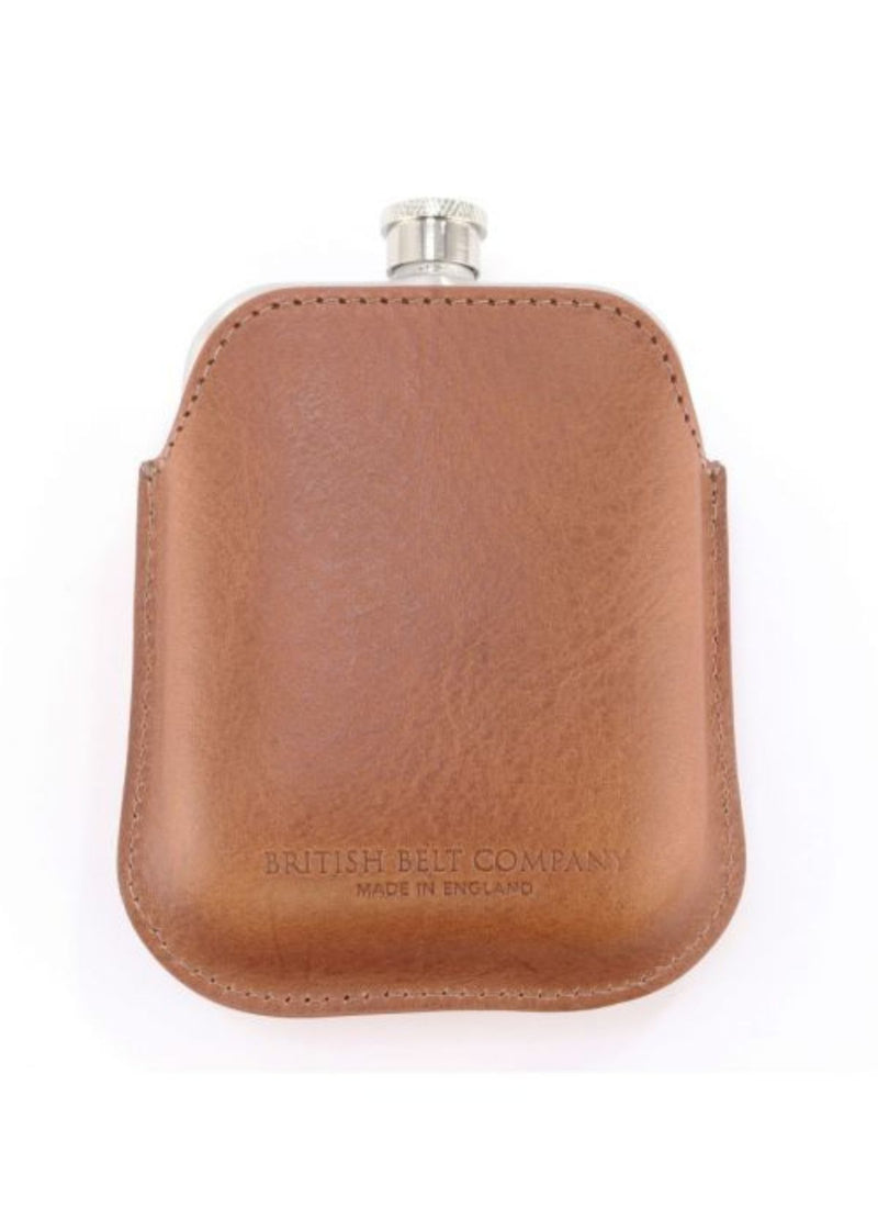 BRITISH  BELT COMPANY Steel Hip Flask with Tan Italian Leather Sleeve