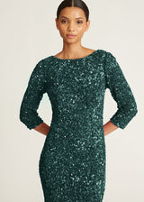 THEIA 3/4 Sleeve Sequin Gown - Pine