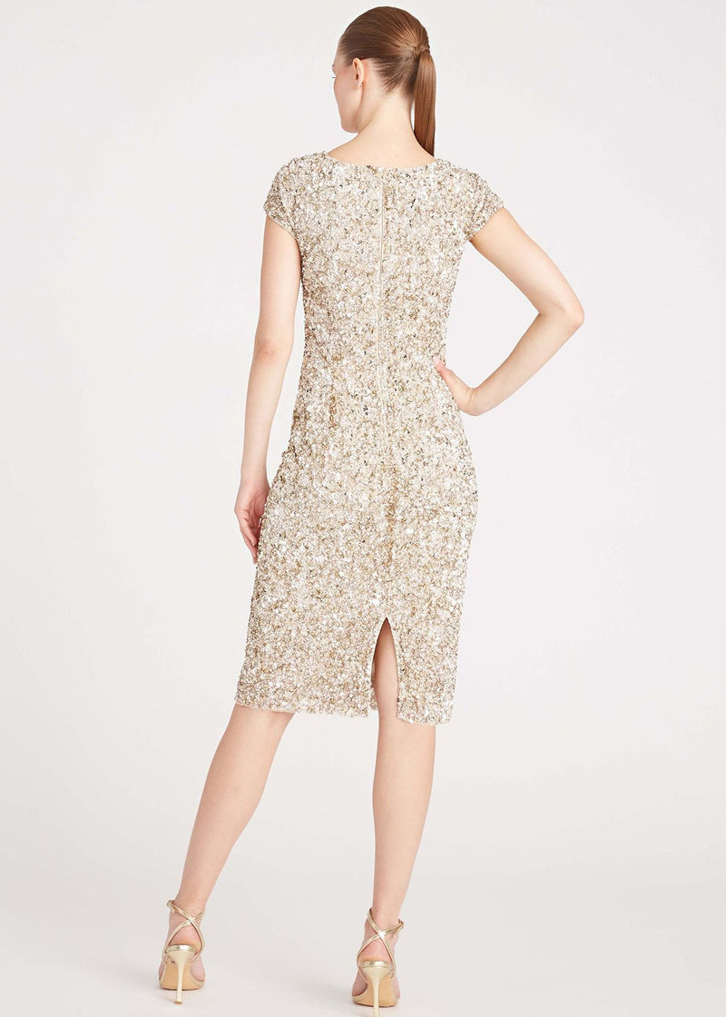 THEIA Champagne Mari Sequin Cocktail Dress
