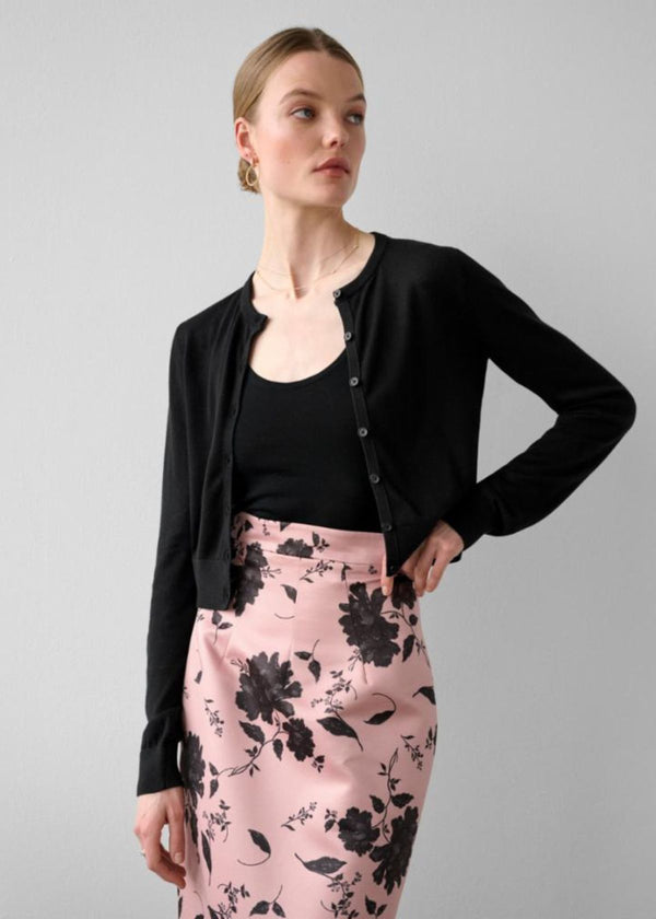 WHITE + WARREN Black Silk Cashmere Button Cardigan